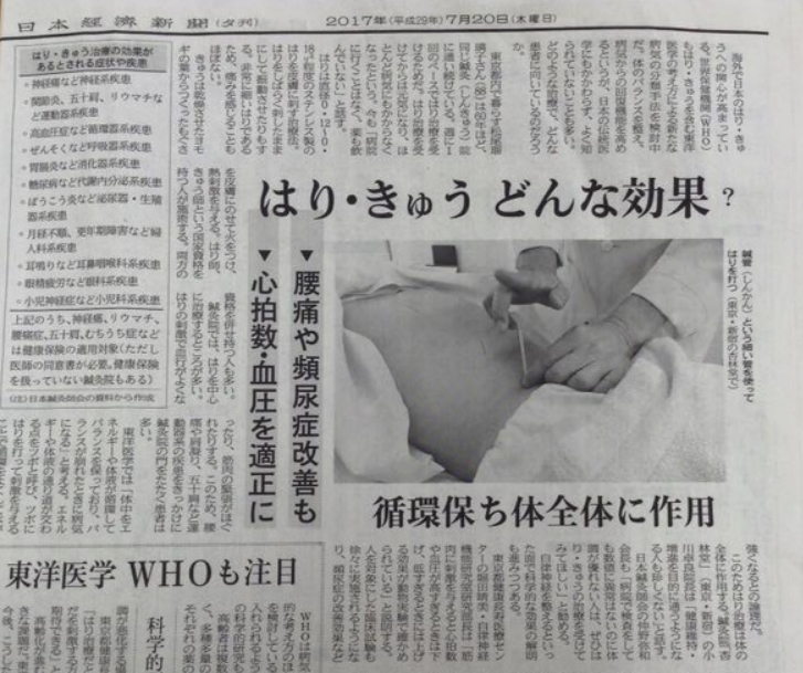 日本経済新聞夕刊に鍼灸効果が掲載